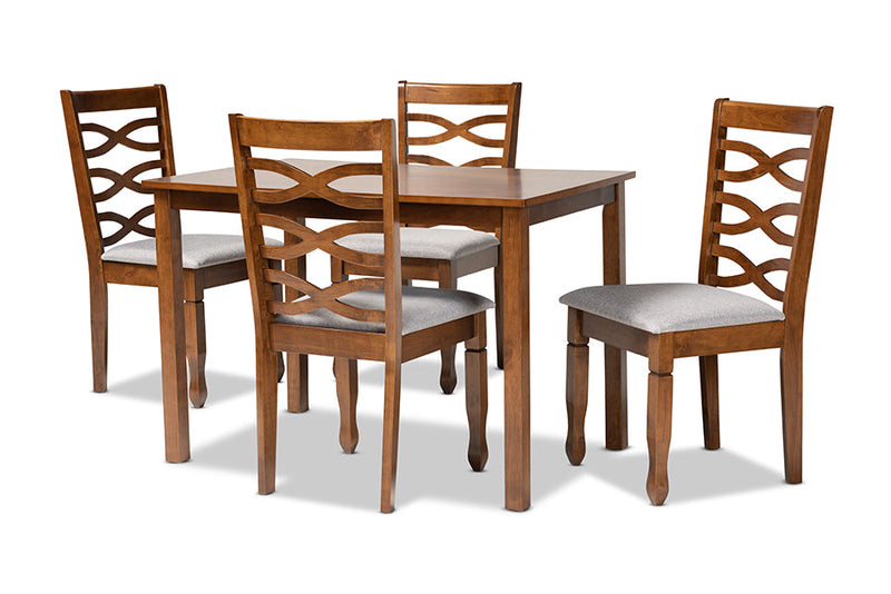 Maliyah Gray Fabric Upholstered and Walnut Brown 5-Piece Dining Set Baxton