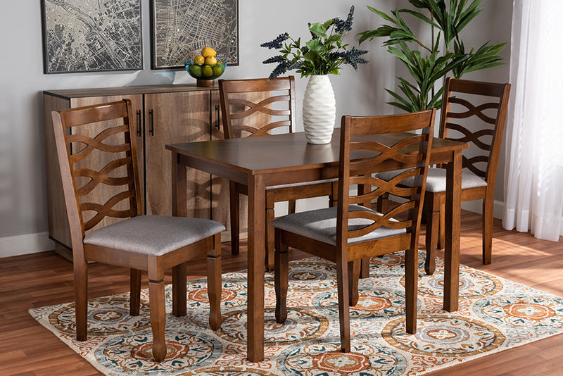Maliyah Gray Fabric Upholstered and Walnut Brown 5-Piece Dining Set Baxton