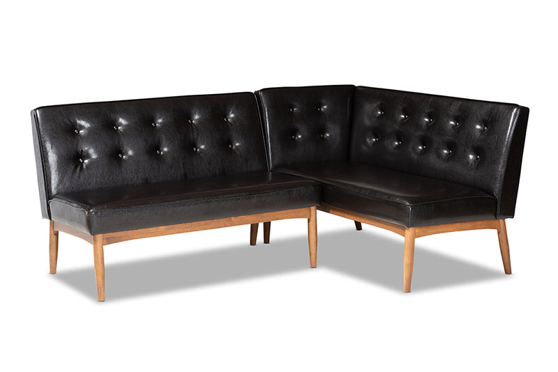 Mabel Mid-Century Modern Dark Brown Faux Leather Upholstered 2-Piece Wood Dining Nook Banquette Set