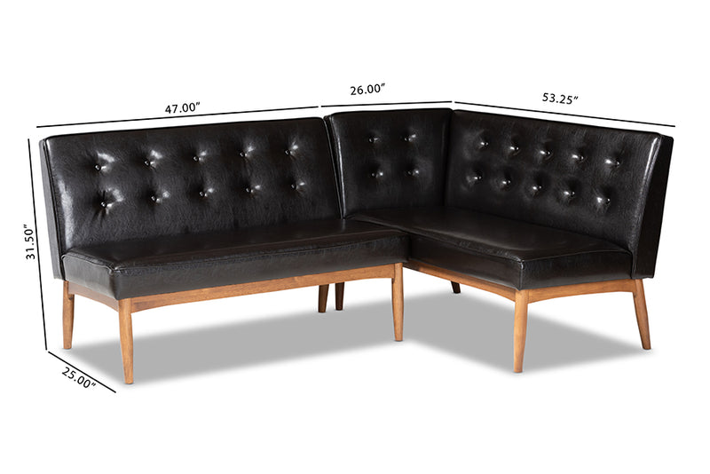 Mabel Mid-Century Modern Dark Brown Faux Leather Upholstered 2-Piece Wood Dining Nook Banquette Set