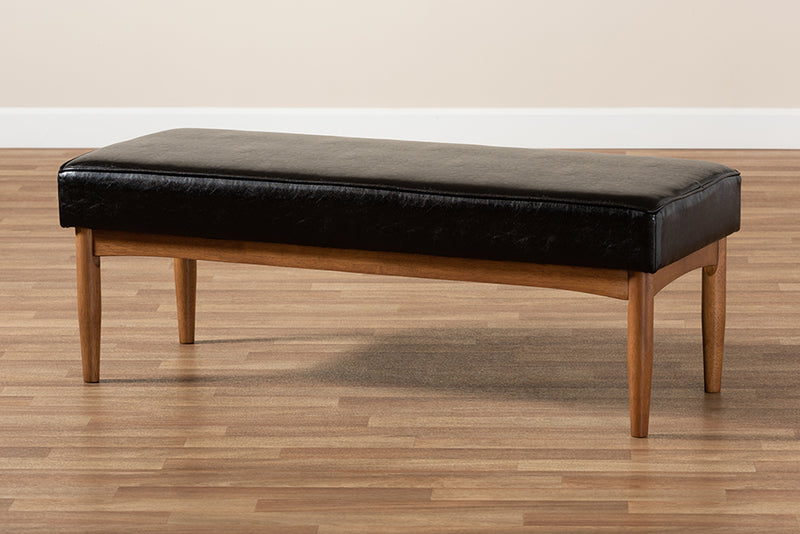 Mabel Mid-Century Modern Dark Brown Faux Leather Upholstered Wood Dining Bench