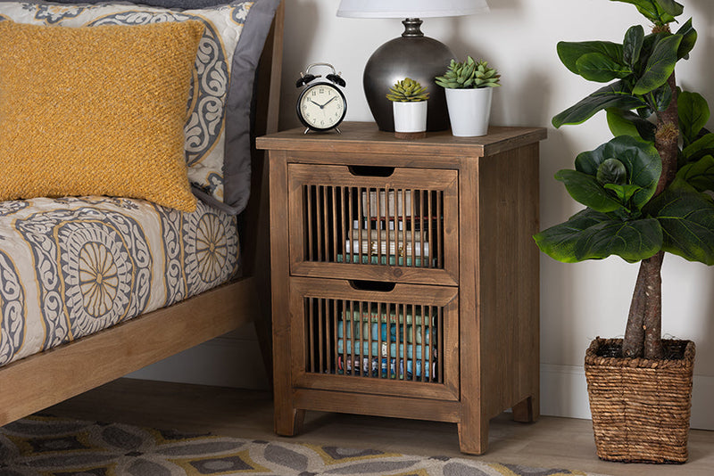 Aiden Rustic Medium Oak Finished 2-Drawer Wood Spindle End Table Baxton