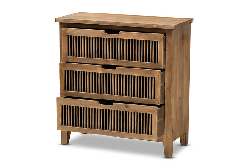Aiden Rustic Medium Oak Finished 3-Drawer Wood Spindle Storage Cabinet Baxton