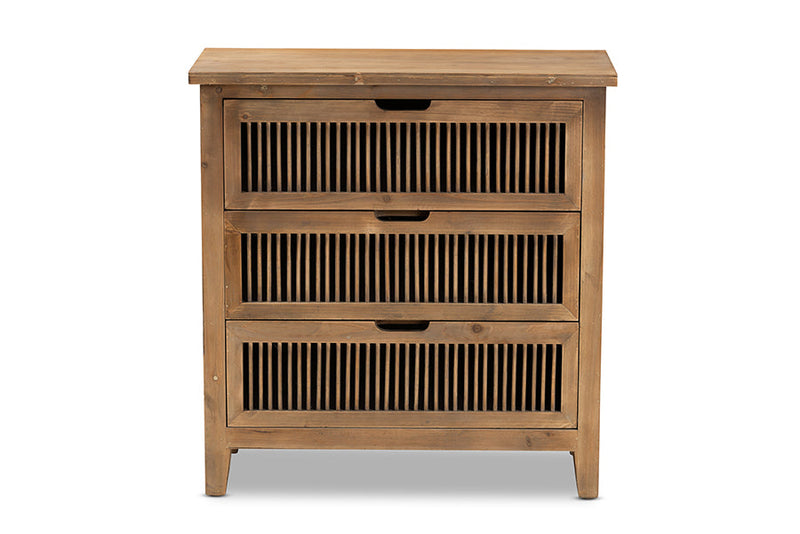 Aiden Rustic Medium Oak Finished 3-Drawer Wood Spindle Storage Cabinet Baxton