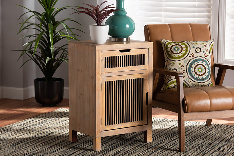 Aiden Rustic Transitional Medium Oak Finished 1-Door and 1-Drawer Wood Spindle End Table