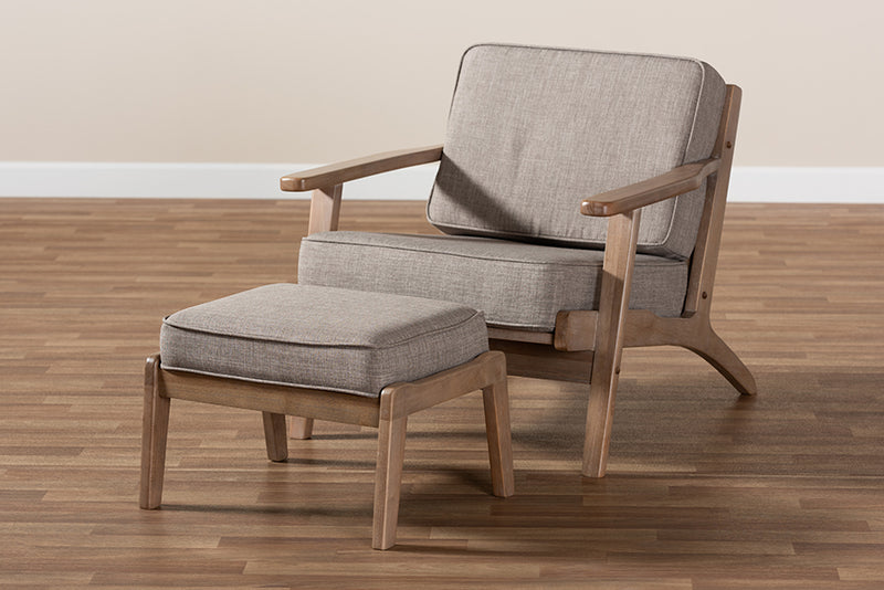 Jonesy Mid-Century Light Gray Fabric Upholstered Antique Oak Finished 2-PieceArmchair and Ottoman Set