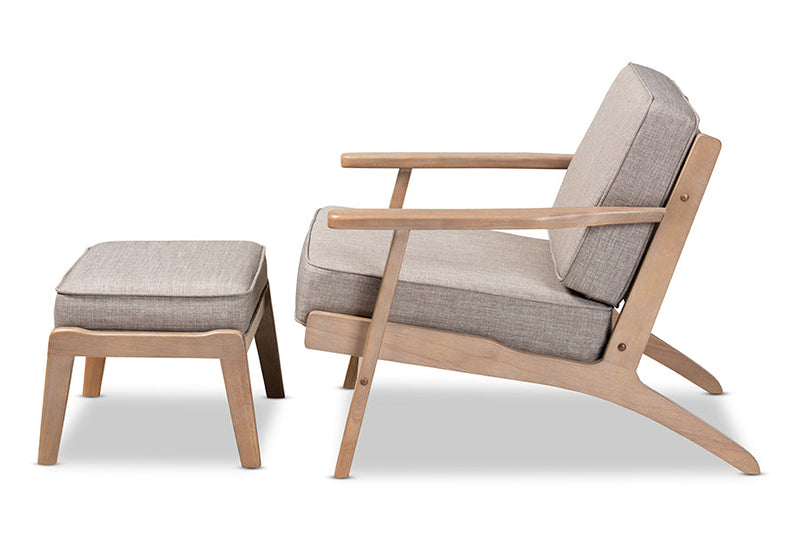 Jonesy Light Gray Fabric Antique Oak Finished 2PcArmchair and Ottoman Set Baxton