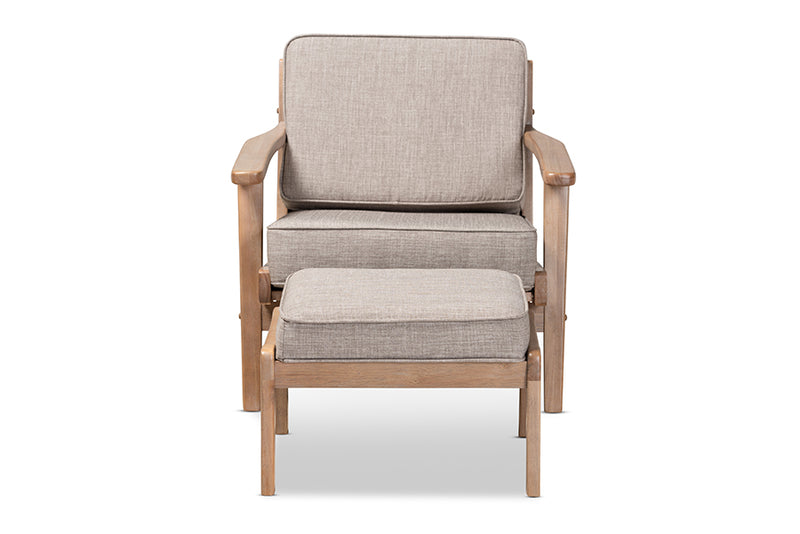 Jonesy Mid-Century Light Gray Fabric Upholstered Antique Oak Finished 2-PieceArmchair and Ottoman Set