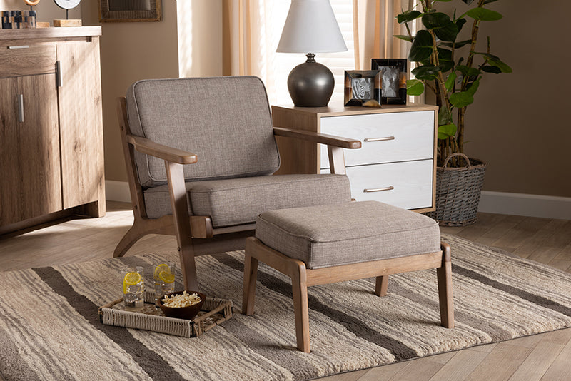 Jonesy Mid-Century Light Gray Fabric Upholstered Antique Oak Finished 2-PieceArmchair and Ottoman Set