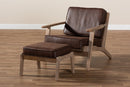 Jonesy Dark Brown Faux Leather Antique Oak Finished 2Pc Armchair and Ottoman Set Baxton
