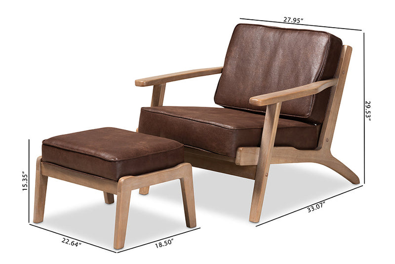 Jonesy Dark Brown Faux Leather Antique Oak Finished 2Pc Armchair and Ottoman Set Baxton