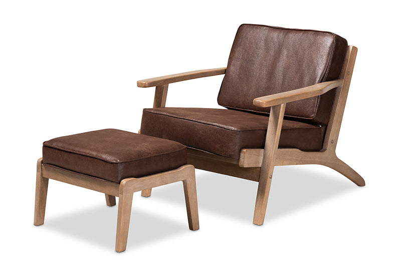 Jonesy Dark Brown Faux Leather Antique Oak Finished 2Pc Armchair and Ottoman Set Baxton