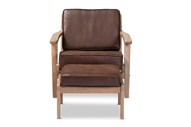 Jonesy Dark Brown Faux Leather Antique Oak Finished 2Pc Armchair and Ottoman Set Baxton