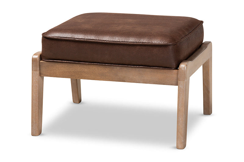 Jonesy Dark Brown Faux Leather Antique Oak Finished 2Pc Armchair and Ottoman Set Baxton