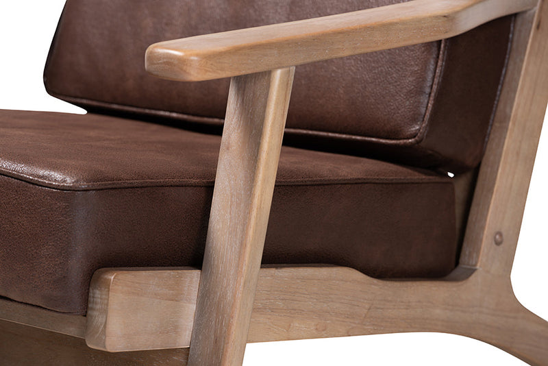 Jonesy Dark Brown Faux Leather Antique Oak Finished 2Pc Armchair and Ottoman Set Baxton