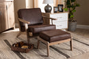 Jonesy Dark Brown Faux Leather Antique Oak Finished 2Pc Armchair and Ottoman Set Baxton