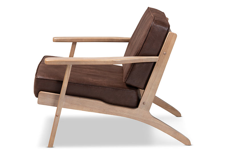 Jonesy Dark Brown Faux Leather Effect Fabric Antique Oak Armchair Baxton