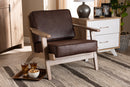 Jonesy Dark Brown Faux Leather Effect Fabric Antique Oak Armchair Baxton