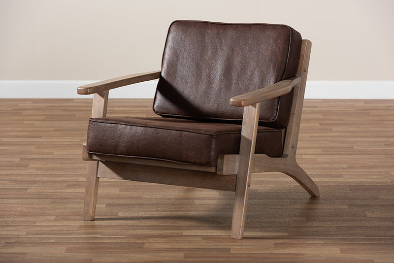 Jonesy Dark Brown Faux Leather Effect Fabric Antique Oak Armchair Baxton