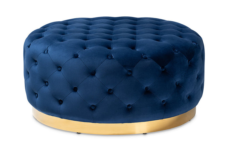 Arielle Royal Blue Velvet Fabric Gold Finished Round Cocktail Ottoman Baxton