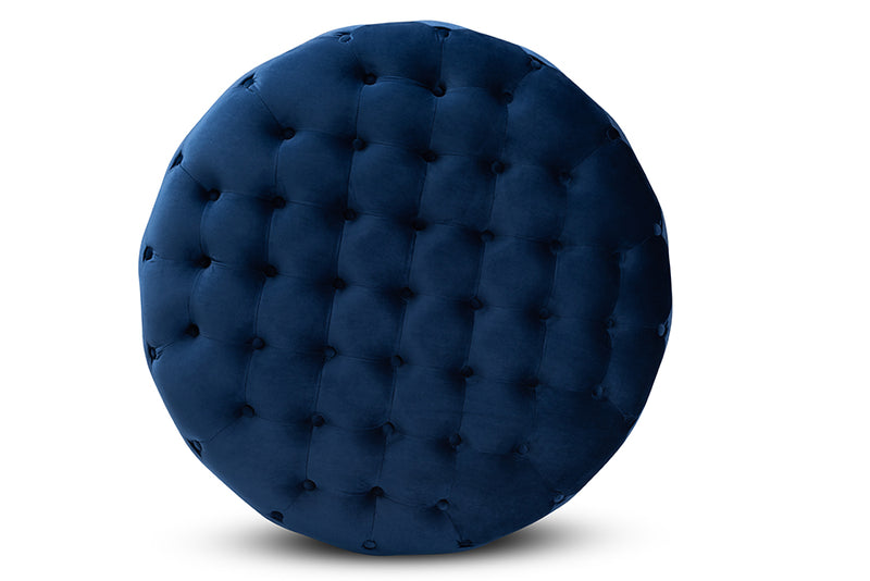 Arielle Glam and Luxe Royal Blue Velvet Fabric Upholstered Gold Finished Round Cocktail Ottoman