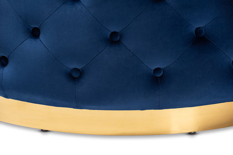 Arielle Royal Blue Velvet Fabric Gold Finished Round Cocktail Ottoman Baxton