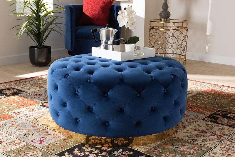 Arielle Glam and Luxe Royal Blue Velvet Fabric Upholstered Gold Finished Round Cocktail Ottoman