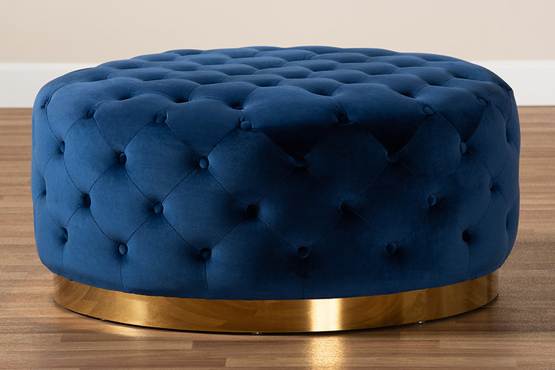 Arielle Glam and Luxe Royal Blue Velvet Fabric Upholstered Gold Finished Round Cocktail Ottoman