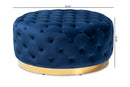 Arielle Royal Blue Velvet Fabric Gold Finished Round Cocktail Ottoman Baxton