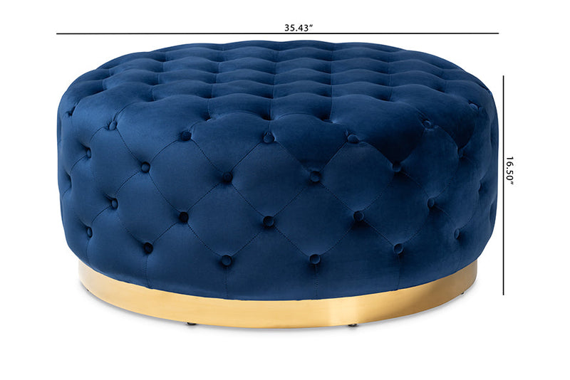 Arielle Royal Blue Velvet Fabric Gold Finished Round Cocktail Ottoman Baxton