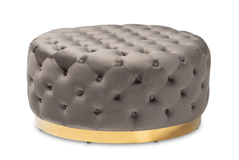 Arielle Glam and Luxe Gray Velvet Fabric Upholstered Gold Finished Round Cocktail Ottoman