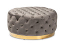 Arielle Gray Velvet Fabric Upholstered Gold Finished Round Cocktail Ottoman Baxton