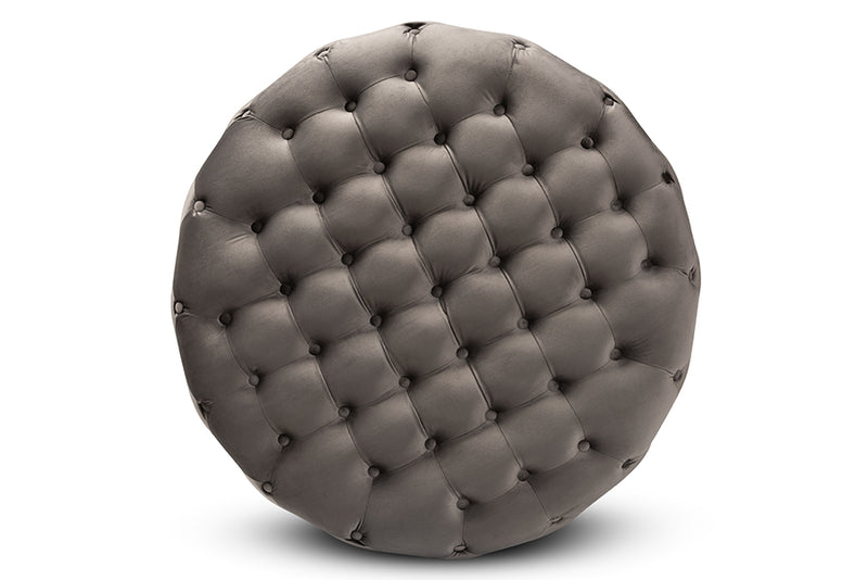 Arielle Glam and Luxe Gray Velvet Fabric Upholstered Gold Finished Round Cocktail Ottoman