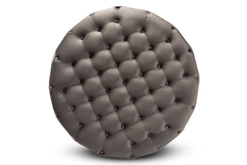 Arielle Gray Velvet Fabric Upholstered Gold Finished Round Cocktail Ottoman Baxton