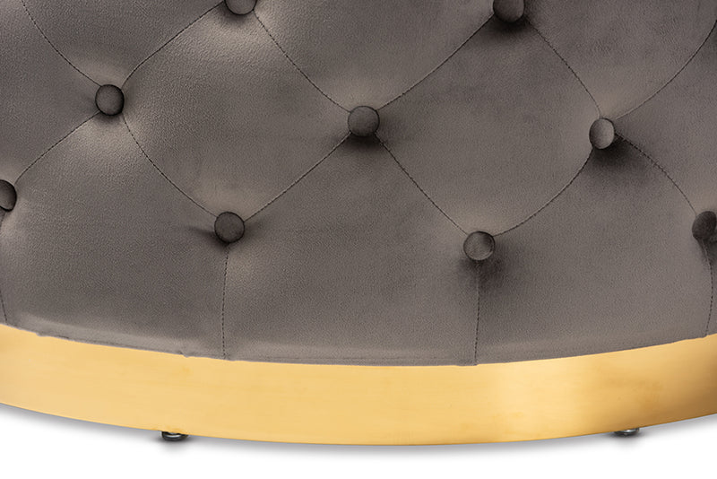 Arielle Glam and Luxe Gray Velvet Fabric Upholstered Gold Finished Round Cocktail Ottoman