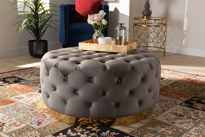 Arielle Glam and Luxe Gray Velvet Fabric Upholstered Gold Finished Round Cocktail Ottoman