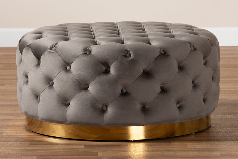 Arielle Glam and Luxe Gray Velvet Fabric Upholstered Gold Finished Round Cocktail Ottoman