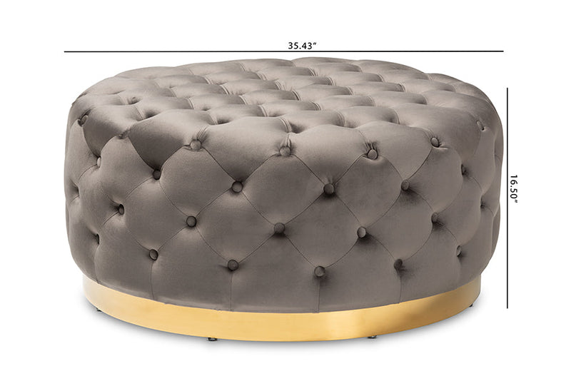 Arielle Gray Velvet Fabric Upholstered Gold Finished Round Cocktail Ottoman Baxton