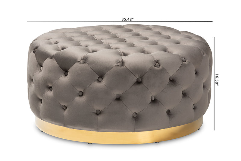 Arielle Glam and Luxe Gray Velvet Fabric Upholstered Gold Finished Round Cocktail Ottoman