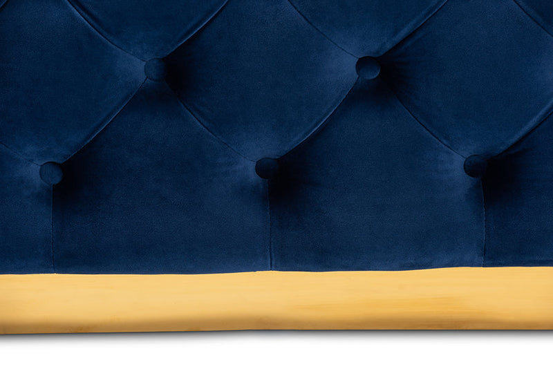 Elia Royal Blue Velvet Fabric Upholstered Gold Finished Square Cocktail Ottoman Baxton