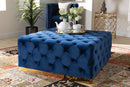 Elia Royal Blue Velvet Fabric Upholstered Gold Finished Square Cocktail Ottoman Baxton