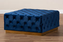 Elia Royal Blue Velvet Fabric Upholstered Gold Finished Square Cocktail Ottoman Baxton