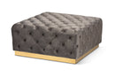 Elia Gray Velvet Fabric Upholstered Gold Finished Square Cocktail Ottoman Baxton