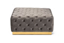 Elia Gray Velvet Fabric Upholstered Gold Finished Square Cocktail Ottoman Baxton