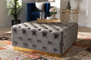 Elia Gray Velvet Fabric Upholstered Gold Finished Square Cocktail Ottoman Baxton