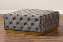 Elia Gray Velvet Fabric Upholstered Gold Finished Square Cocktail Ottoman Baxton