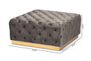 Elia Gray Velvet Fabric Upholstered Gold Finished Square Cocktail Ottoman Baxton