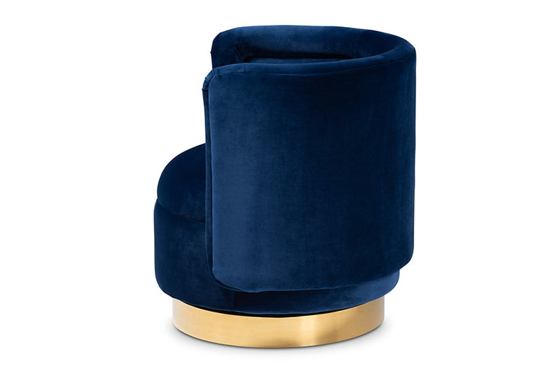 Violet Royal Blue Velvet Fabric Upholstered Gold Finished Swivel Accent Chair Baxton