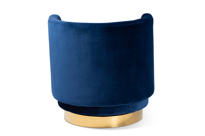 Violet Royal Blue Velvet Fabric Upholstered Gold Finished Swivel Accent Chair Baxton