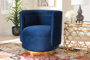 Violet Royal Blue Velvet Fabric Upholstered Gold Finished Swivel Accent Chair Baxton
